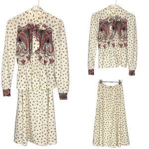 Vintage 70s Skirt Set, 1970s Two Piece Coordinated Paisley Floral Boho Twee